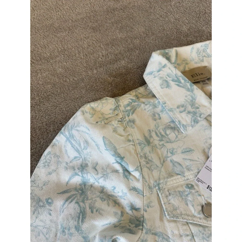 ELIE TAHARI Floral Denim Jacket Cropped Raw Hem White Blue Size M Cotton - Picture 11 of 16